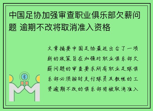 中国足协加强审查职业俱乐部欠薪问题 逾期不改将取消准入资格